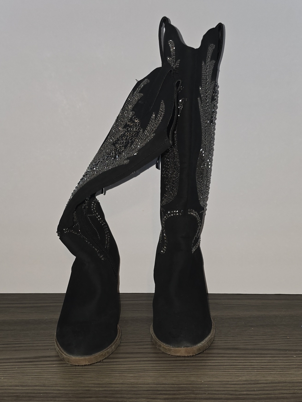 Black Embellished Western Knee-High Boots #110